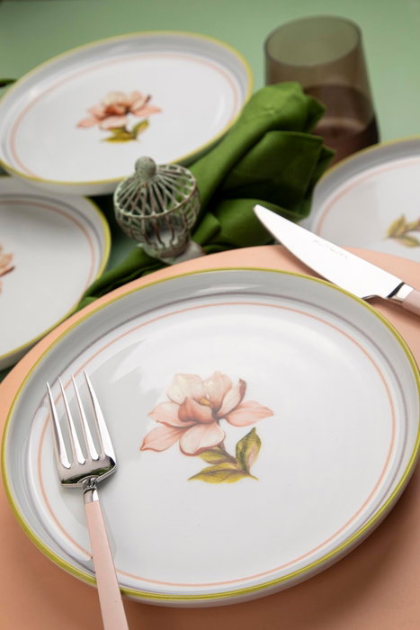 Hermia NNMOD19DUS880711 Juego para Servir Tartas de Porcelana, 6 Piezas, Blanco, Rosa y Verde